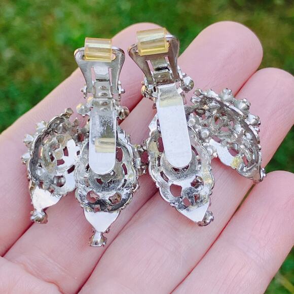 VTG Signed Hobé Mid Century Earrings AB 1950s Rhinestone Faux Pearl Clip On - Picture 9 of 11